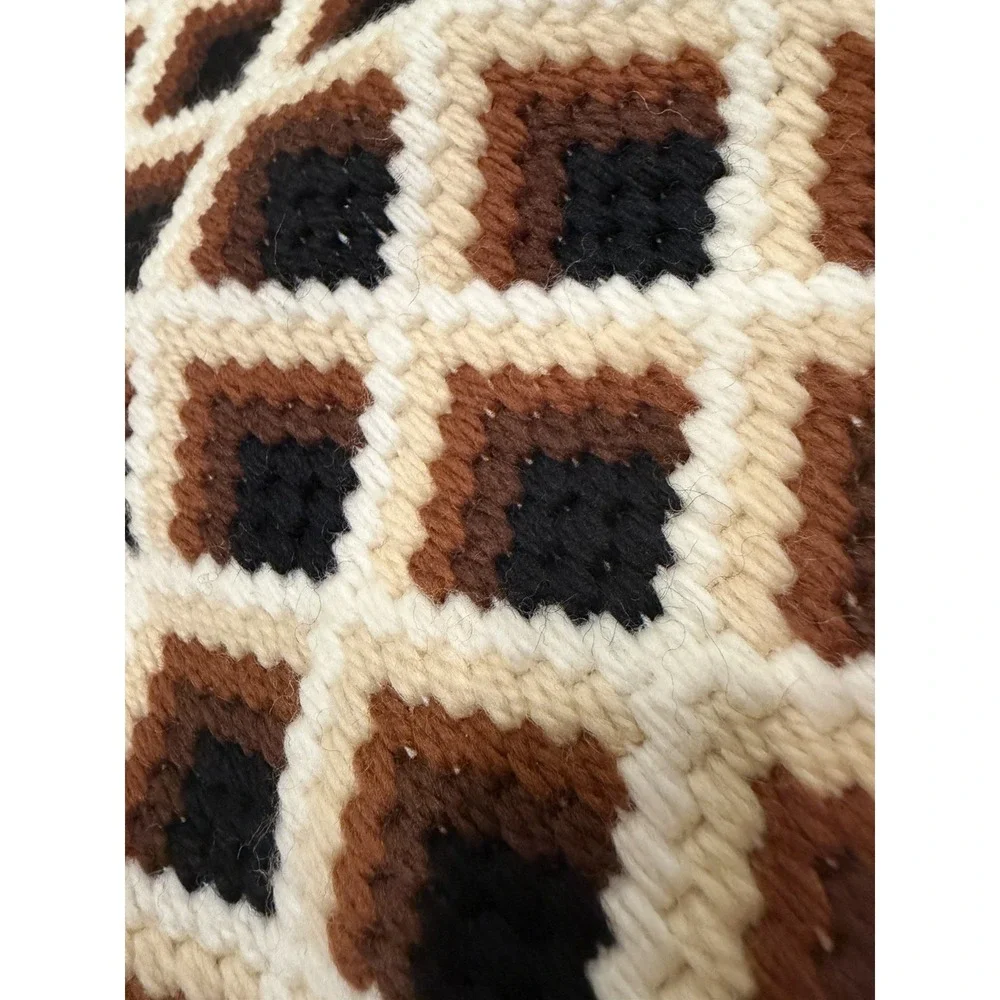 Vintage Latch Hook Rug Brown Cream Black Geometric Retro 1970s Wall Hanging